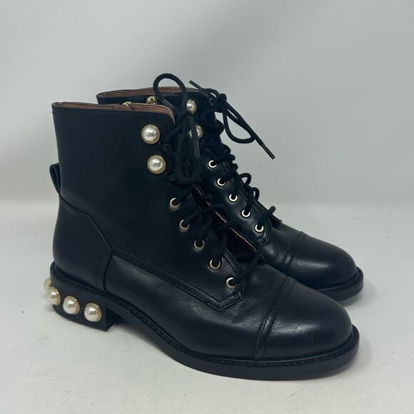Louise Et Cie Vesna Bootie Size 7.5 Black Leather Pearl Stud Ankle Combat Shoes